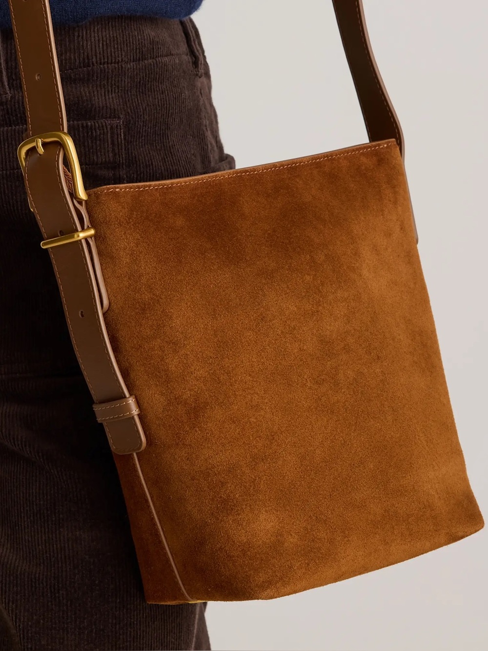Quince Italian Suede Bucket Crossbody Bag in Color Whiskey - Picture 2 of 16